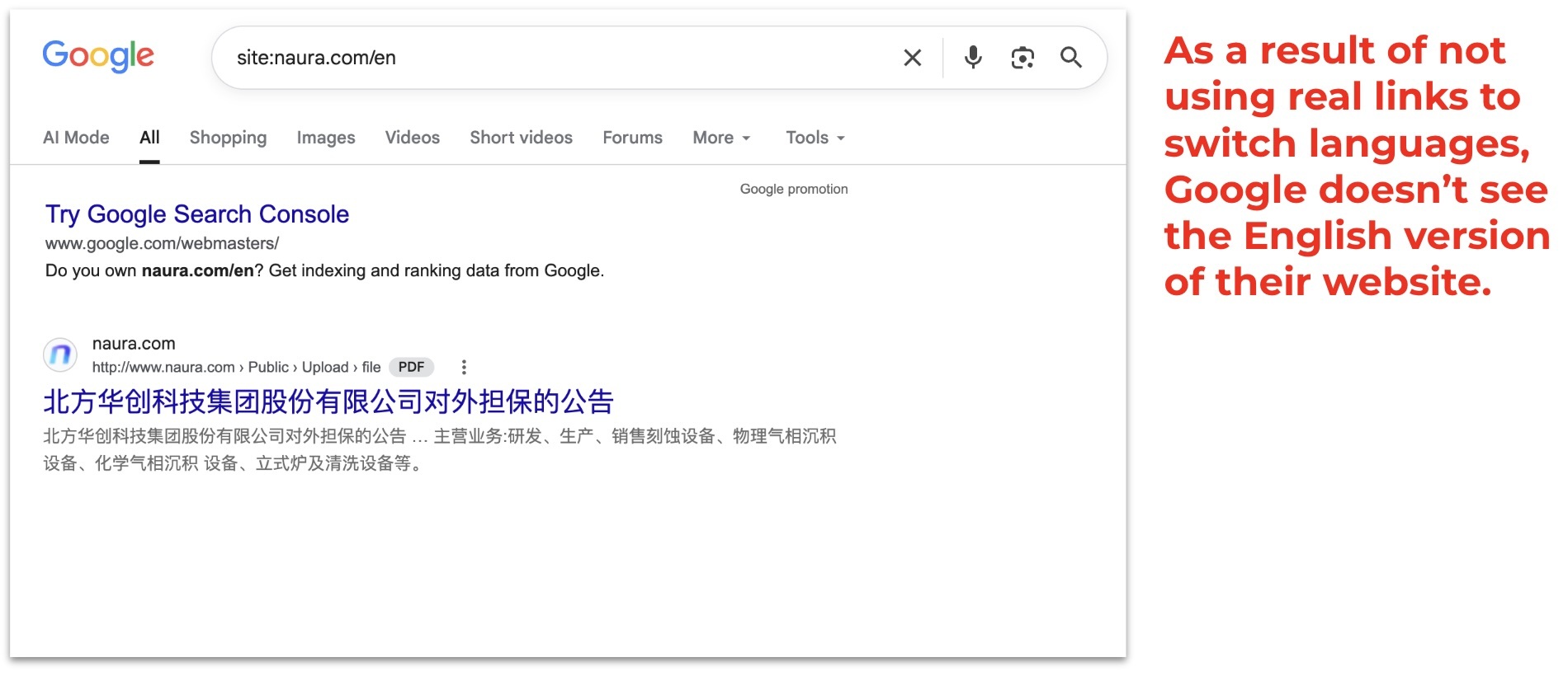 Naura's English site isn't indexed on Google